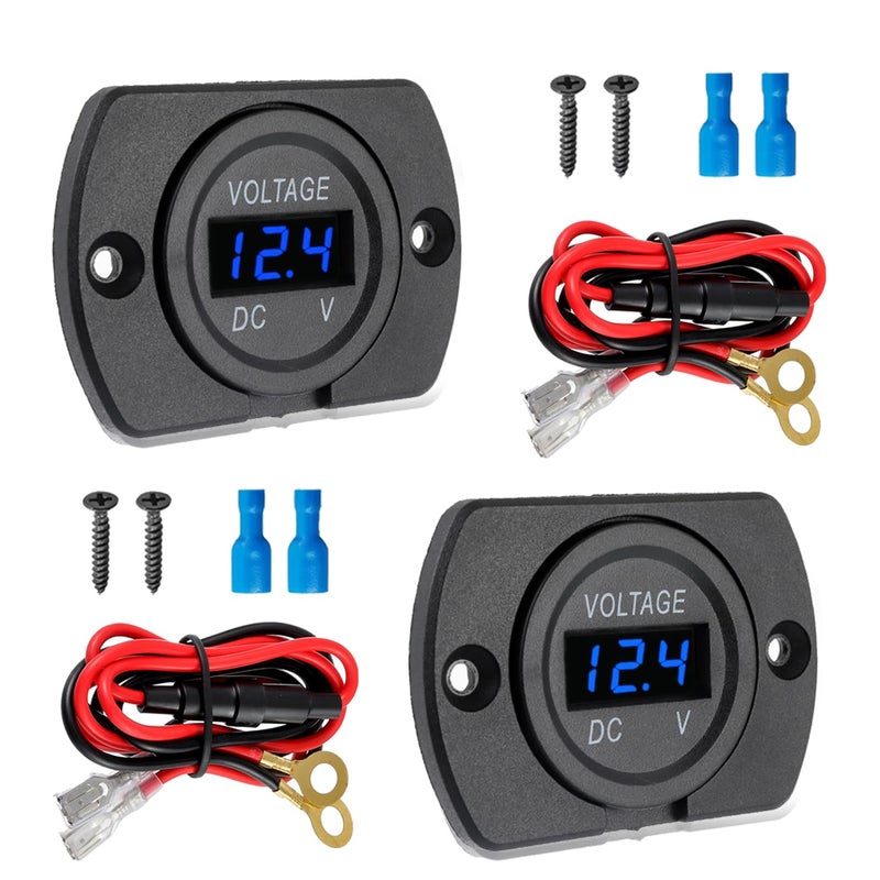 EPLZON 2 Pack DC 12V 24V Waterproof Car Voltmeter with Blue LED Digital Display Panel and Mounting Plate Round Voltage Gauge Meter with Terminal for Boat Marine Motorcycle Truck(Blue Light) - Image 1